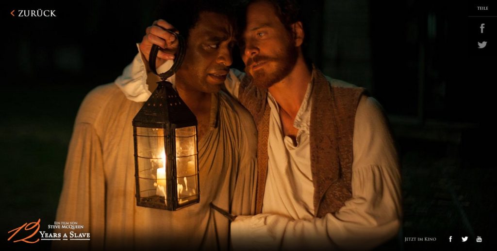 Solomon Northup (Chiwetel Eijofor, left) und Edwin Epps (Michael Fassbender). Screenshot:pb/Tobis